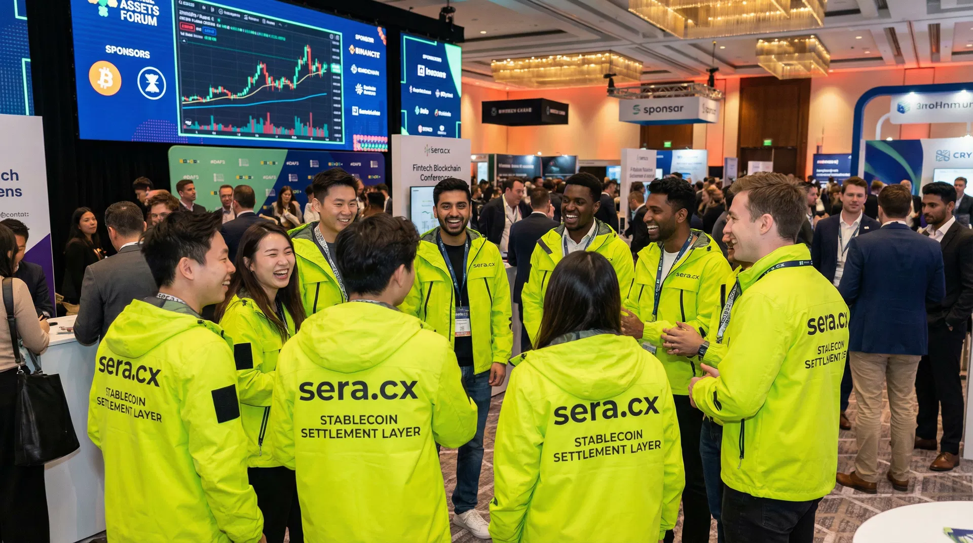 Sera evangelists in sera.cx Stablecoin Settlement Layer jackets at a Token2049 conference